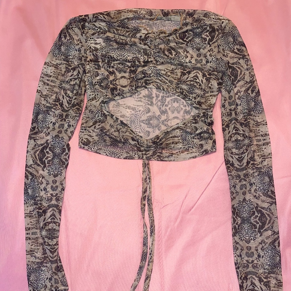2 piece long sleeve animal print mesh crop top